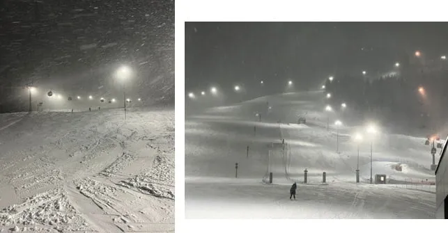 Berg mit Schnee und Tal mit Regen