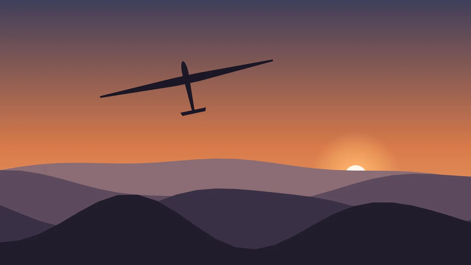 Segelflugzeug im Abendlicht über den Hügeln